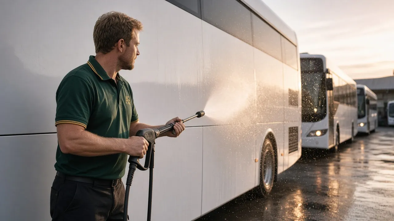 Aussie Gleam cleaner in a green and gold polo pressure-washing a white coach at a bus depot at sunset.