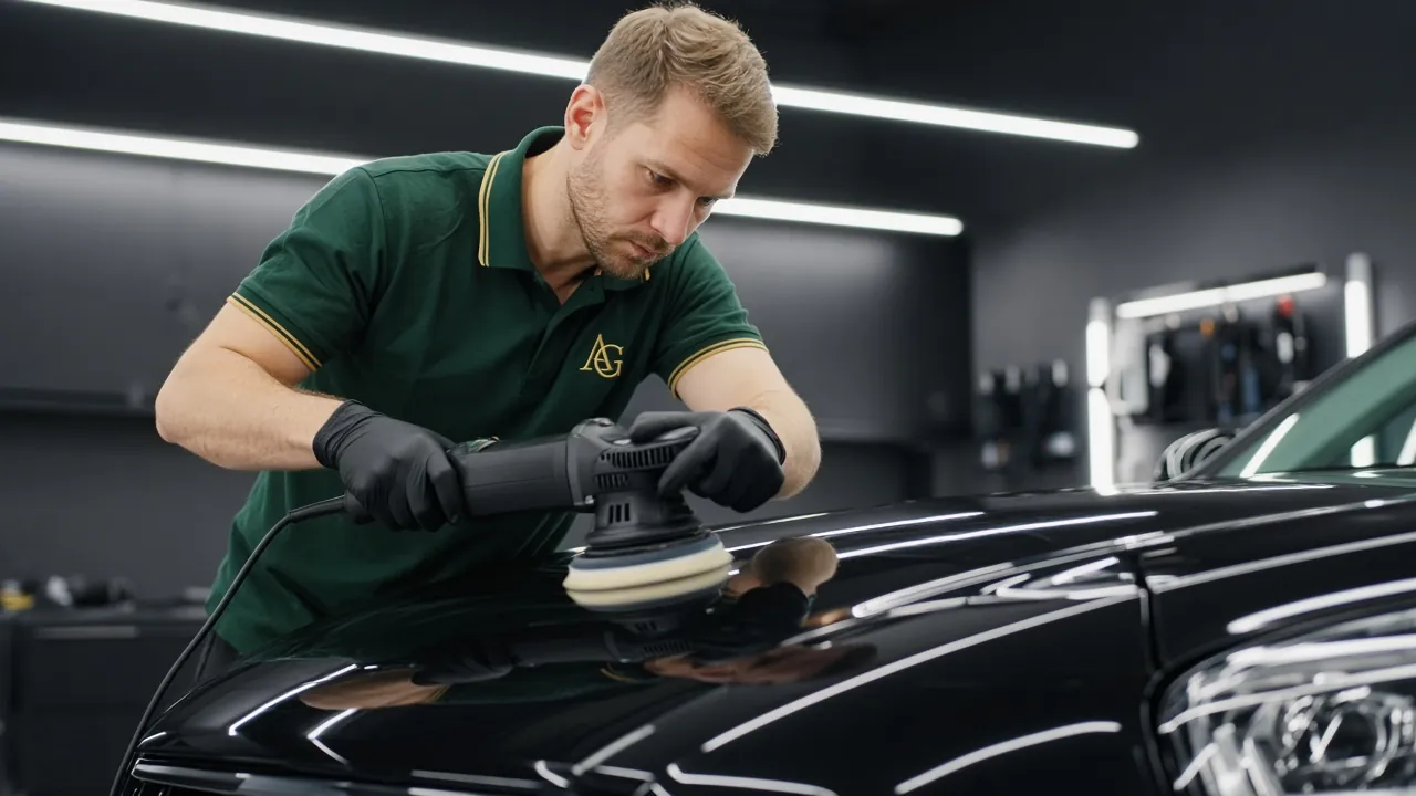 Aussie Gleam detailer machine-polishing the bonnet of a black car to a mirror finish.