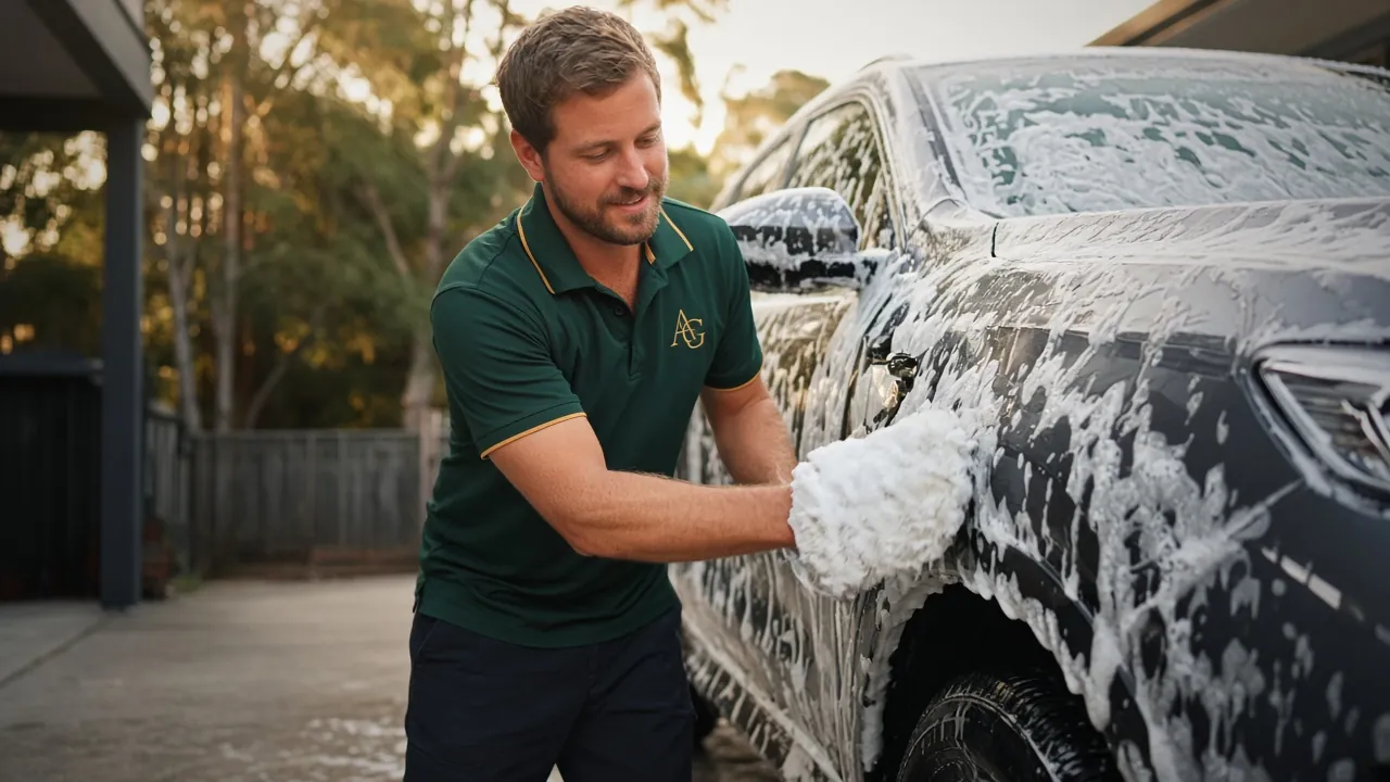 Aussie Gleam detailer in a bottle-green and gold polo foam-washing a car by hand.