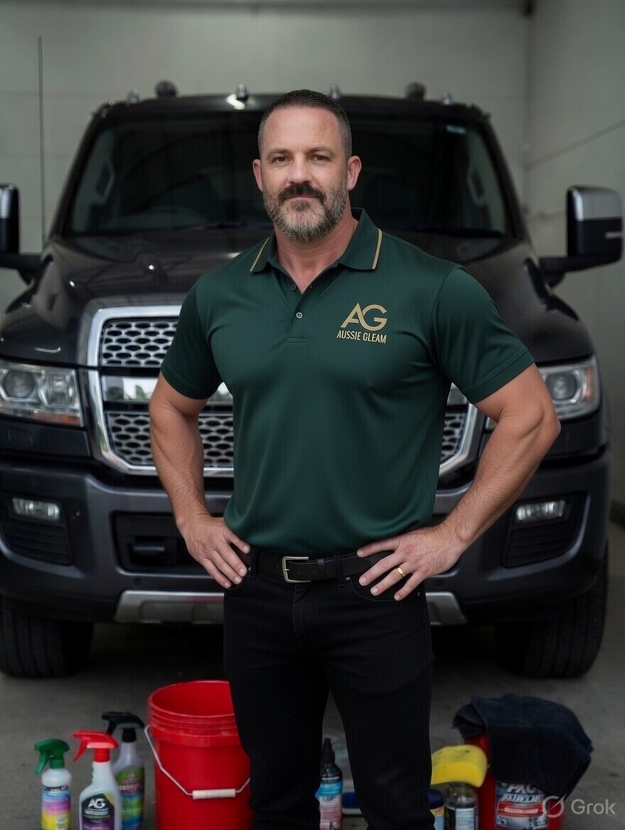 Trent Williams, owner of Aussie Gleam, in front of a vehicle at his Queensland depot