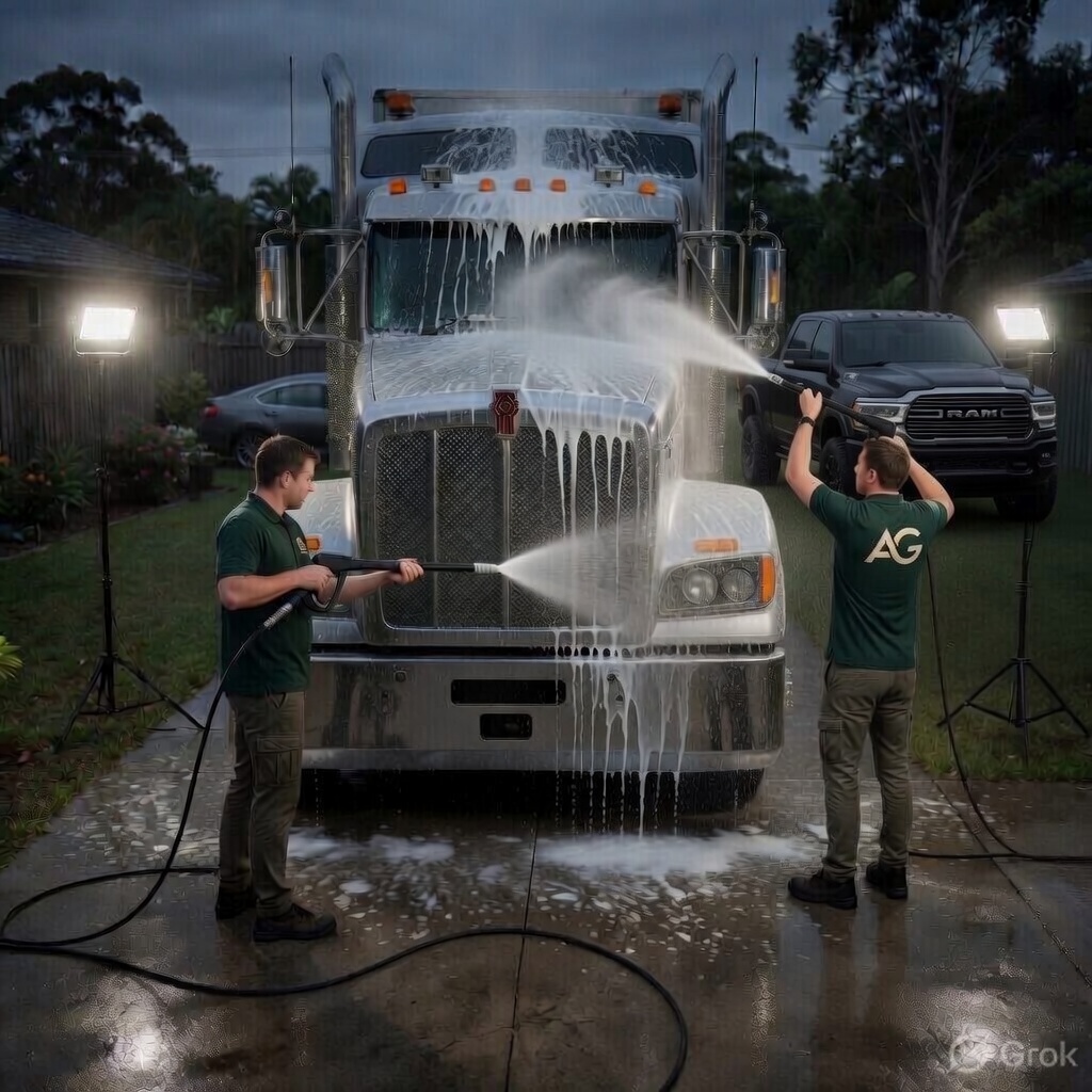 Aussie Gleam team washing a large commercial truck at a Queensland business