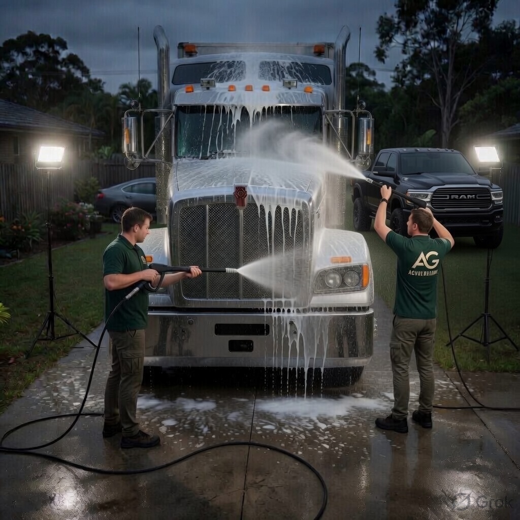 Aussie Gleam team pressure washing a large truck at a Queensland business premises